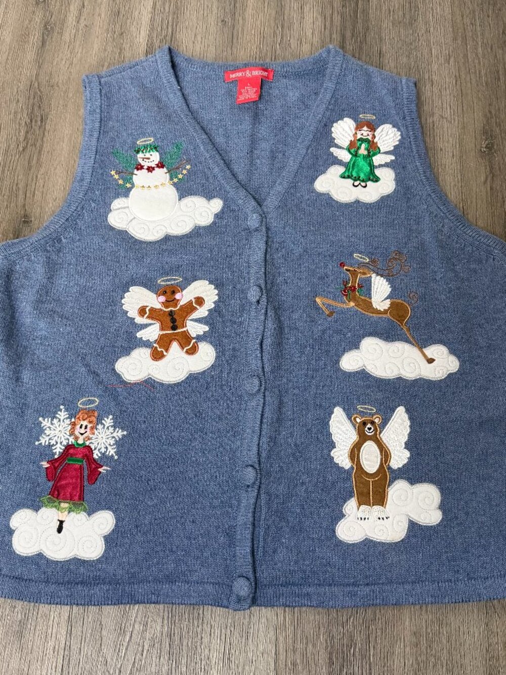 Merry & Bright Blue Christmas Angels Linen Sweater Vest Holiday Size L